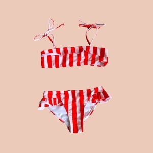 Girls' Hugo Loves Tiki Blush Pink + Red Striped Ruffle Bikini 6Y